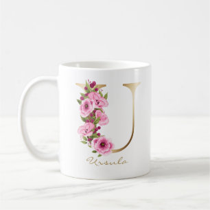 Letter U Gold Monogram Pink Magenta Floral Kaffeetasse