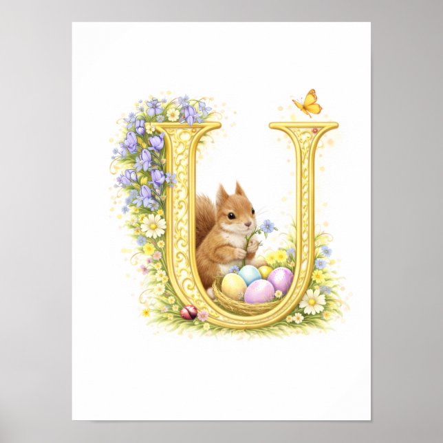Letter U Gold Spring Nature Monogram Squirrel Kids Poster (Vorne)