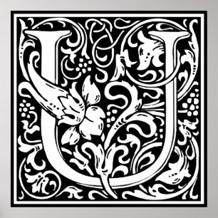 Letter U Medieval Monogram Art Nouveau Poster