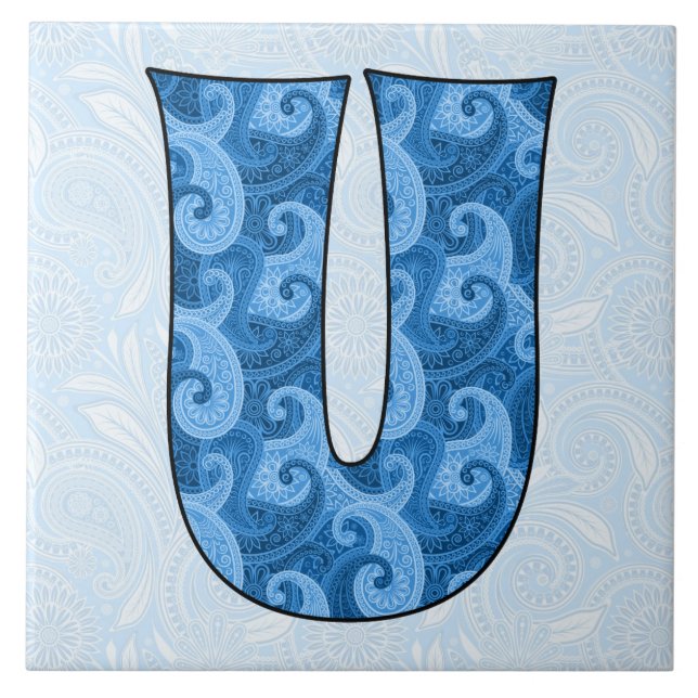Letter U - Mit Monogramm Blue Paisley, 10 cm Tile Fliese (Vorderseite)