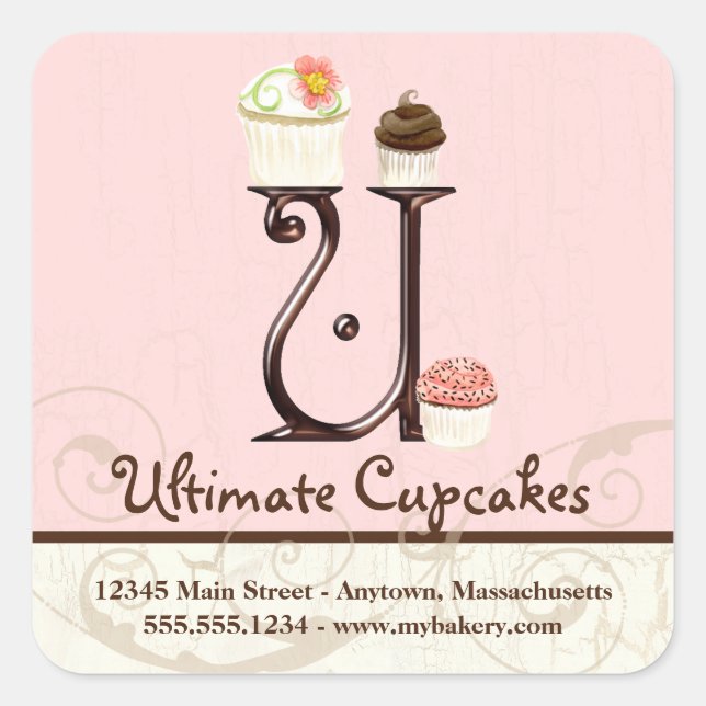 Letter U Monogram Cupcake Logo Business Initial Quadratischer Aufkleber (Vorderseite)