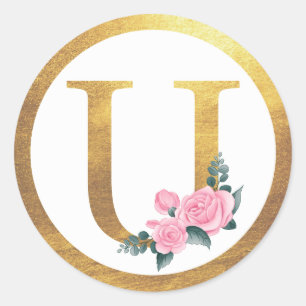 Letter U Monogram Roses Floral & Elegant Gold Runder Aufkleber