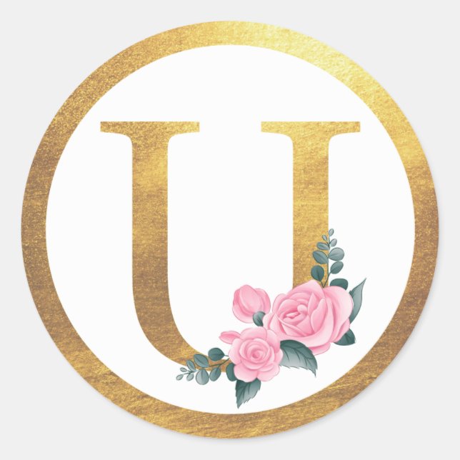 Letter U Monogram Roses Floral & Elegant Gold Runder Aufkleber (Vorderseite)
