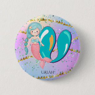 Letter U Monogram Watercolor Niedlich Mermaid Kind Button