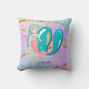Letter U Monogram Watercolor Niedlich Mermaid Kind Kissen