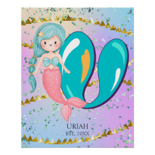 Letter U Monogram Watercolor Niedlich Mermaid Kind Poster