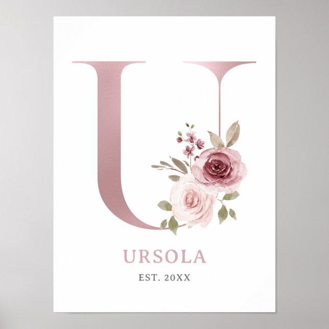 Letter U Monogram Watercolor Rose Florals Kinderzi Poster (Vorne)