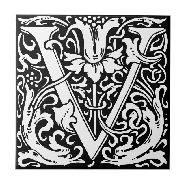 Letter V Art Nouveau Schwarz/Weiß Tile Fliese (Vorderseite)