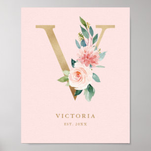 Letter V Blush Floral Monogram Gold Foil Kinderzim Poster