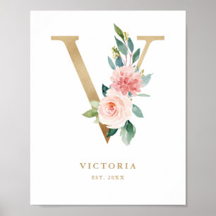 Letter V Blush Floral Monogram Gold Foil Kinderzim Poster