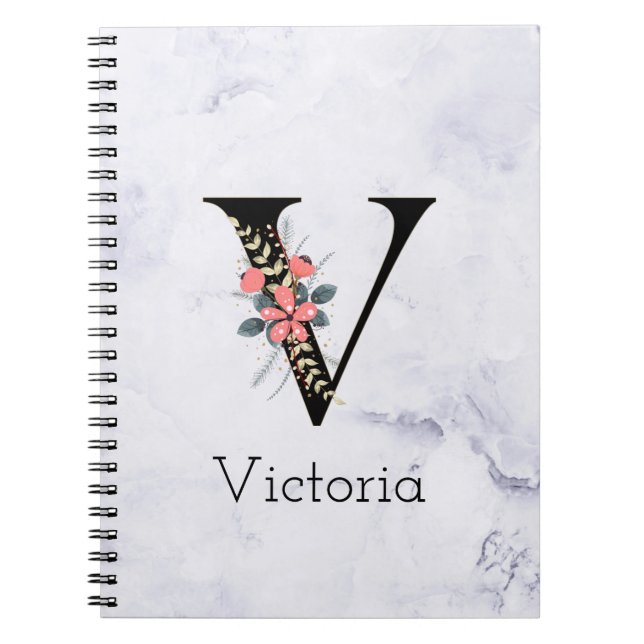 Letter "V" Boho Floral Monogram White Marmor Notizblock (Vorderseite)
