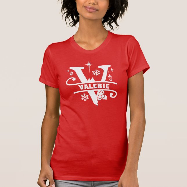 Letter V Christmas Monogram, Anfangsname Rot T-Shirt (Vorderseite)