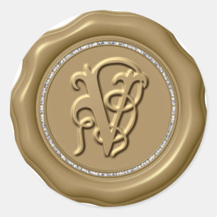 *~* Letter V Diamond Circle GOLD Wax Siegel Sticke Runder Aufkleber