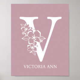 Letter V Floral Monogram Name Kinderzimmer Modern Poster