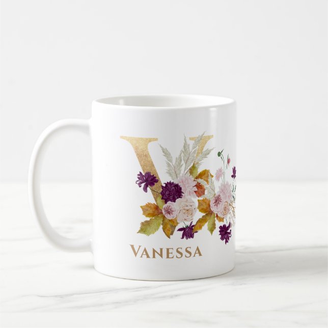 Letter V - Gold Floral Name Schwesterkollege Freun Kaffeetasse (Links)
