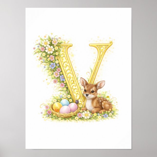 Letter V Gold Spring Nature Monogram Baby Fawn Kid Poster (Vorne)