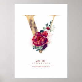 Letter V Monogram Floral Burgundy Red and Gold Poster