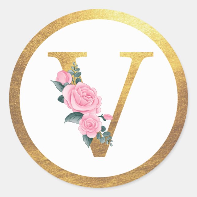 Letter V Monogram Roses Floral & Elegant Gold Runder Aufkleber (Vorderseite)