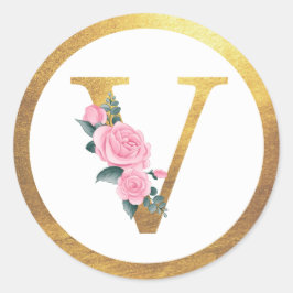 Letter V Monogram Roses Floral & Elegant Gold Runder Aufkleber