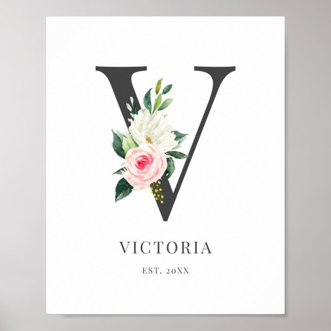 Letter V Monogram Watercolor Florals Poster (Vorne)
