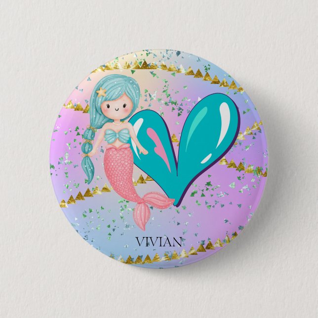 Letter V Monogram Watercolor Niedlich Mermaid Kind Button (Vorderseite)