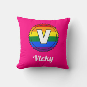 Letter V & Name Gay Pride Rainbow Monogram - Pink Kissen
