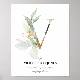 Letter V New Baby Monogram Birth Print Greenery Poster