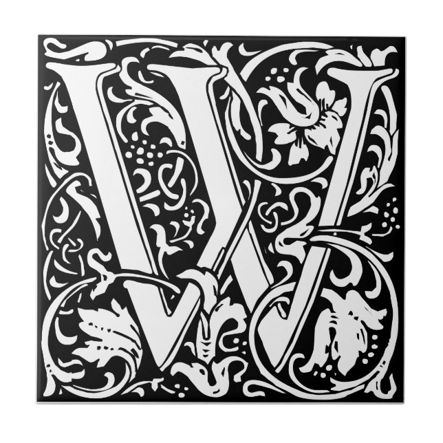 Letter W art nouveau black and white Tile Fliese (Vorderseite)