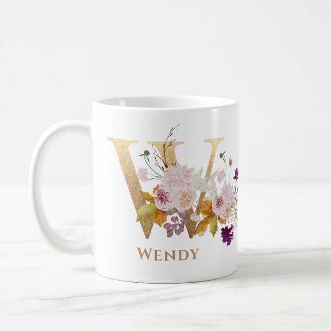 Letter W - Gold Floral Name Schwesterkollege Freun Kaffeetasse (Links)