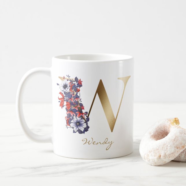 Letter W Gold Monogram Red White Lila Floral Kaffeetasse (Mit Donut)