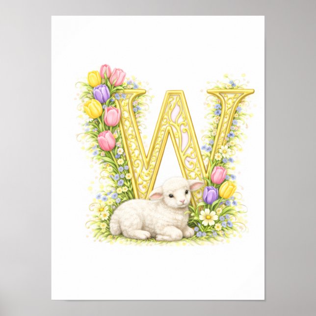 Letter W Gold Spring Nature Monogram Baby Lamb Kid Poster (Vorne)