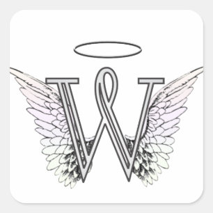 Letter W Initial Monogram mit Angel Wings & Halo Quadratischer Aufkleber