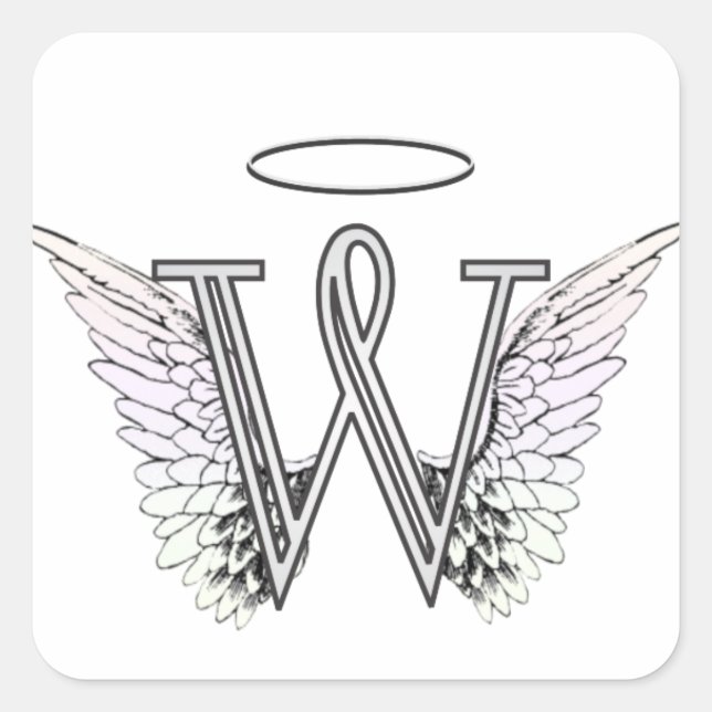 Letter W Initial Monogram mit Angel Wings & Halo Quadratischer Aufkleber (Vorderseite)