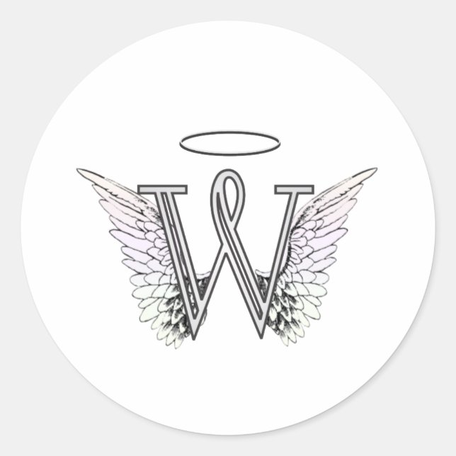 Letter W Initial Monogram mit Angel Wings & Halo Runder Aufkleber (Vorderseite)