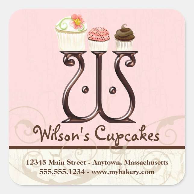 Letter W Monogram Cupcake Logo Business-Aufkleber Quadratischer Aufkleber (Vorderseite)