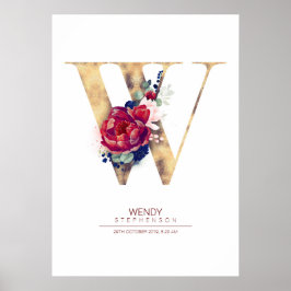 Letter W Monogram Floral Navy Blue und Burgundy Poster