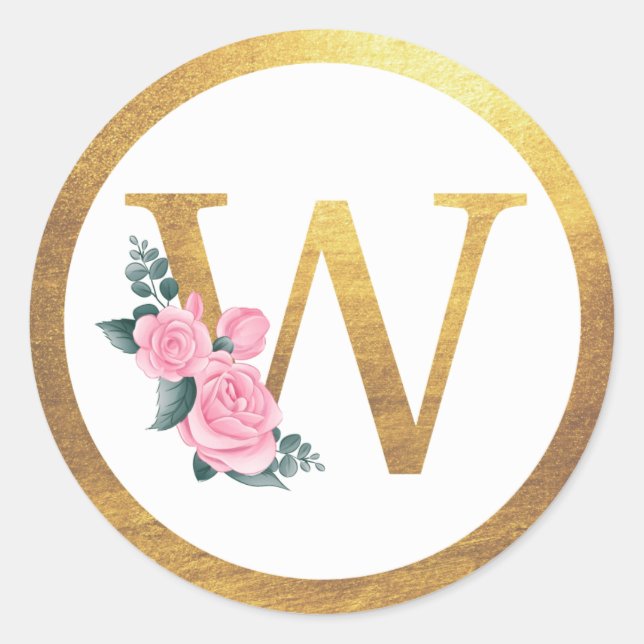 Letter W Monogram Roses Floral & Elegant Gold Runder Aufkleber (Vorderseite)