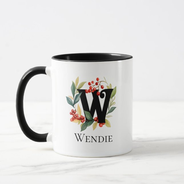Letter W Monogram Ursprünglicher Berry Wreath Tasse (Links)