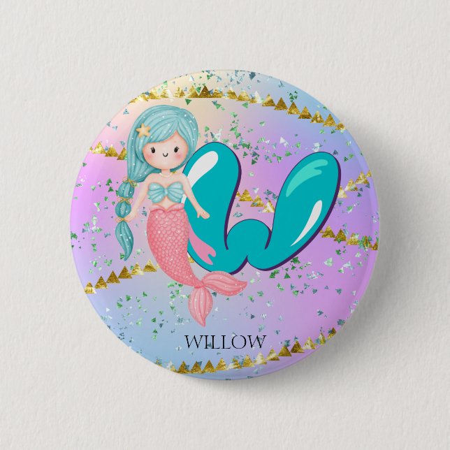Letter W Monogram Watercolor Niedlich Mermaid Kind Button (Vorderseite)