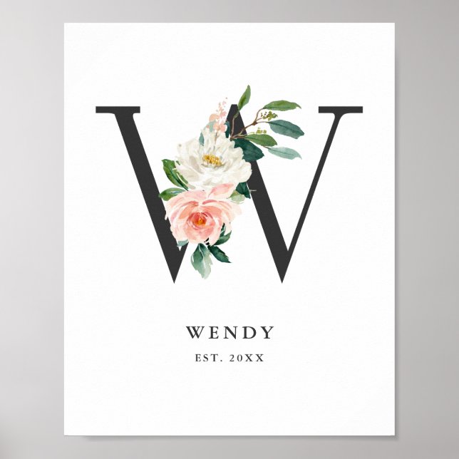 Letter W Monogram Watercolor Peach Florals Kinderz Poster (Vorne)