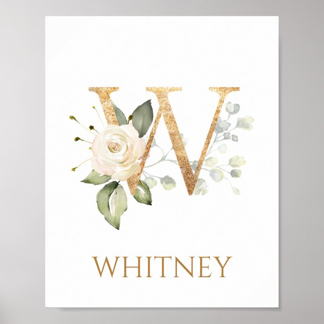 Letter W Monogram white Creme Rose Kinderzimmer Po Poster (Vorne)
