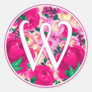 Letter W Pink Watercolor Floral Circle Monogram Runder Aufkleber