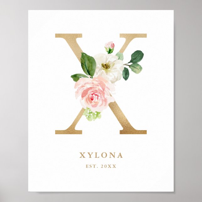 Letter X Blush Floral Monogram Gold Foil Kinderzim Poster (Vorne)