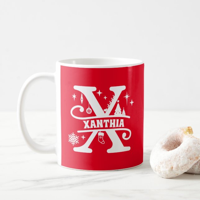 Letter X Christmas Monogram, Anfangsname Rot Kaffeetasse (Mit Donut)
