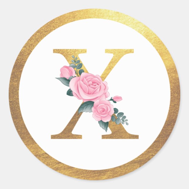Letter X Monogram Roses Floral & Elegant Gold Runder Aufkleber (Vorderseite)