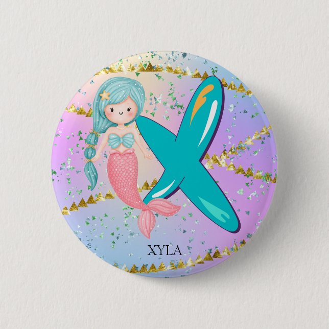 Letter X Monogram Watercolor Niedlich Mermaid Kind Button (Vorderseite)