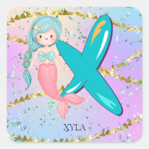 Letter X Monogram Watercolor Niedlich Mermaid Kind Quadratischer Aufkleber
