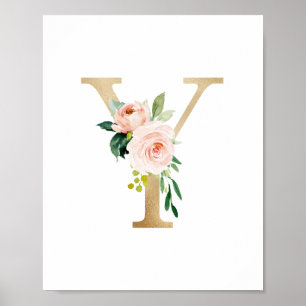 Letter Y Blush Bloral Monogram Imitate Gold Foil Poster
