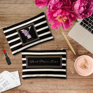Letter Y Floral Monogram Schwarz-weiße Streifen Zubehörtasche