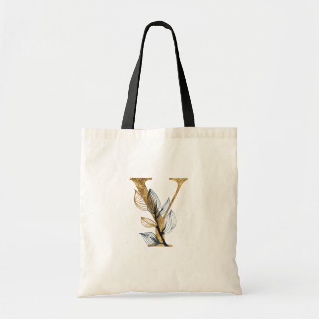 ** Letter y Gold Monogram Anfangs Black Leaves Tragetasche (Vorne)